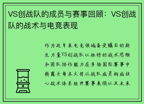 VS创战队的成员与赛事回顾：VS创战队的战术与电竞表现
