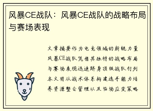 风暴CE战队：风暴CE战队的战略布局与赛场表现