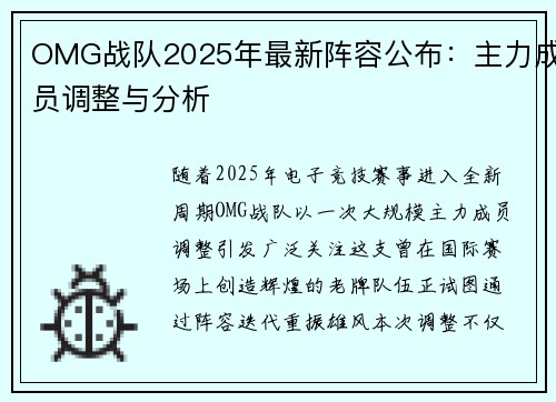 OMG战队2025年最新阵容公布：主力成员调整与分析