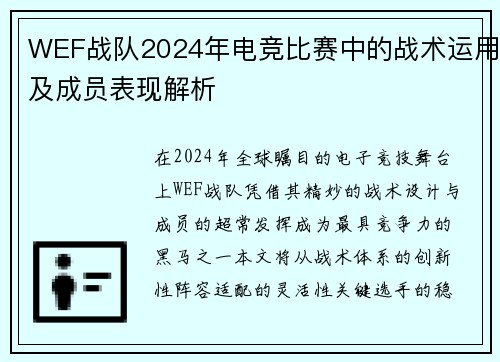 WEF战队2024年电竞比赛中的战术运用及成员表现解析